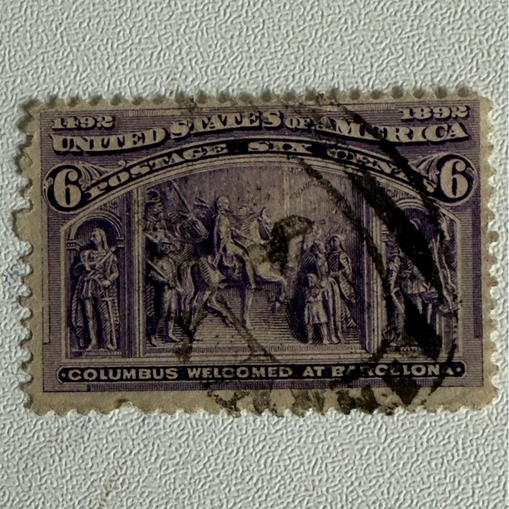 US 1893 6¢ Columbian Expo stamp Scott #235 used Cancelation on Right Side